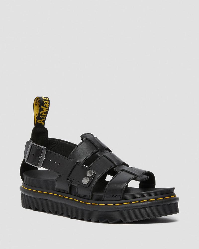 Black Men\'s Dr Martens Terry Leather Strap Sandals | CA 642XYU